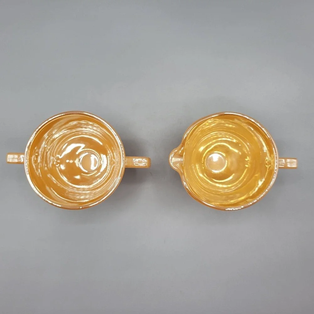 Vintage Orange Lustre Fire King Creamer & Sugar Set Laurel Leaf Glass Oven Ware